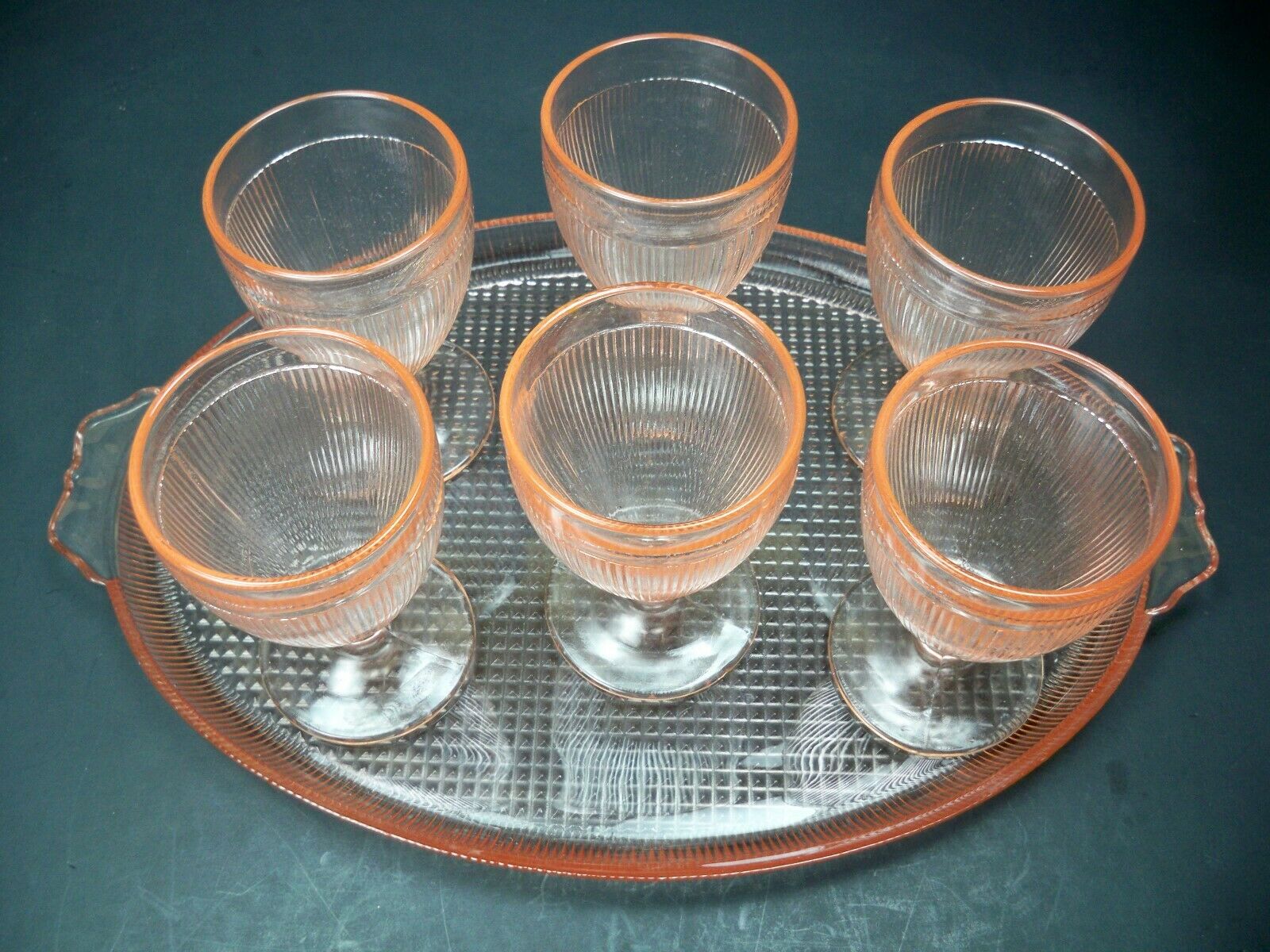 Homespun Pink Depression Glass Closed Handle Platter And 6 Tumblers Set Jeanette